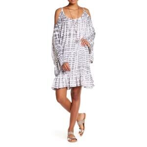 NWT Tiare Hawaii Evereve Hana Cold Shoulder Tie Dye Dress Ruffle Gray White XS